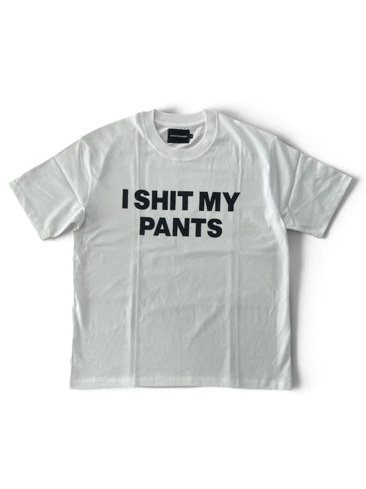 A white short-sleeve crewneck t-shirt with the text 'I SHIT MY PANTS' printed in bold black capital letters across the chest, displayed flat against a white background.